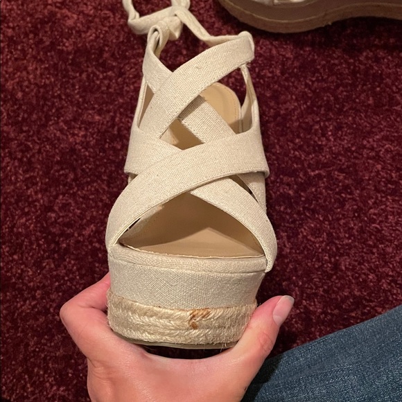 Shoe Dazzle Beige Wedge Sandals With Wrap Tie - Picture 2 of 8